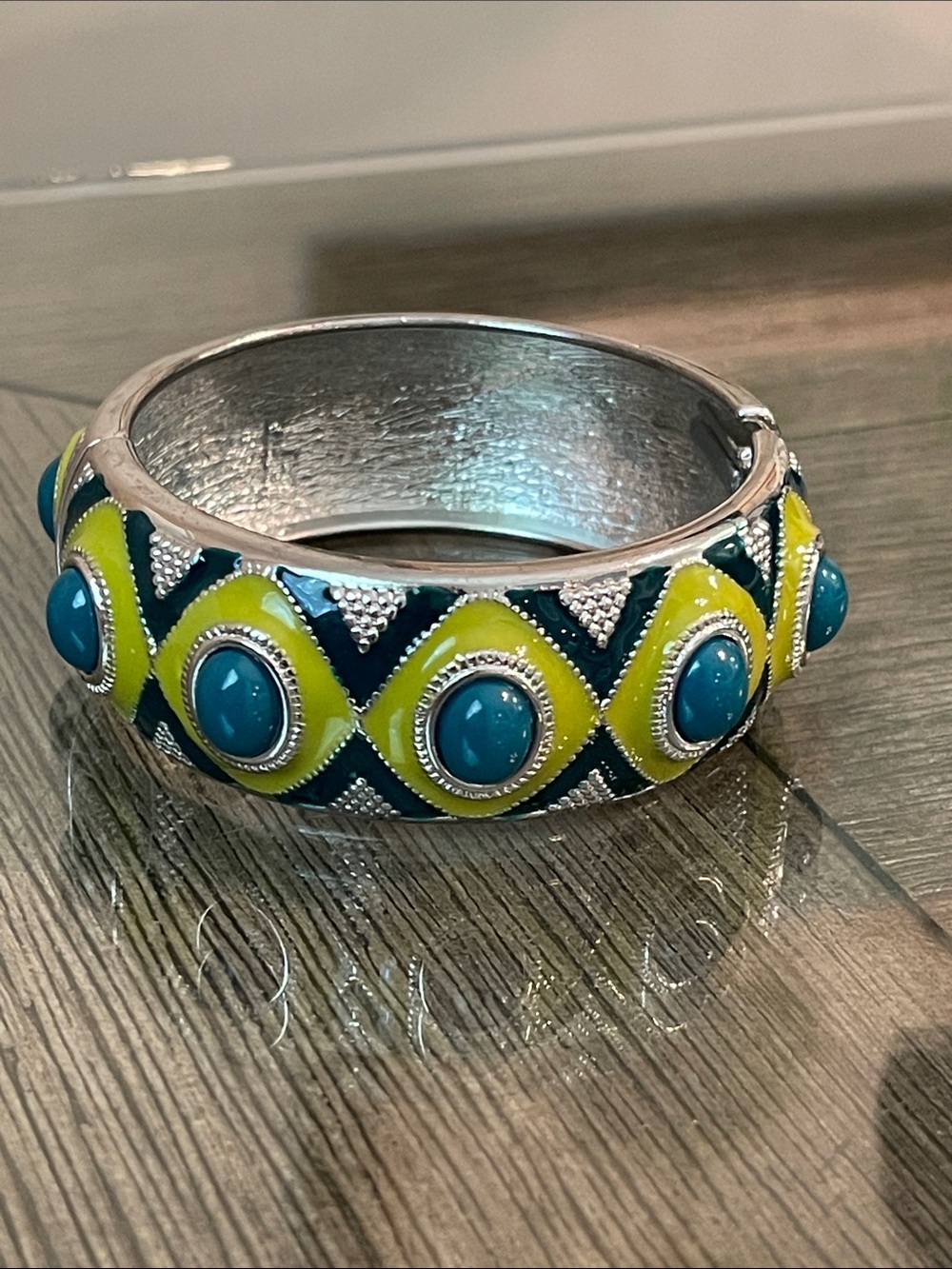 Vintage Chucky Clamper Statement Bracelet with Teal & Lime Green Colors
